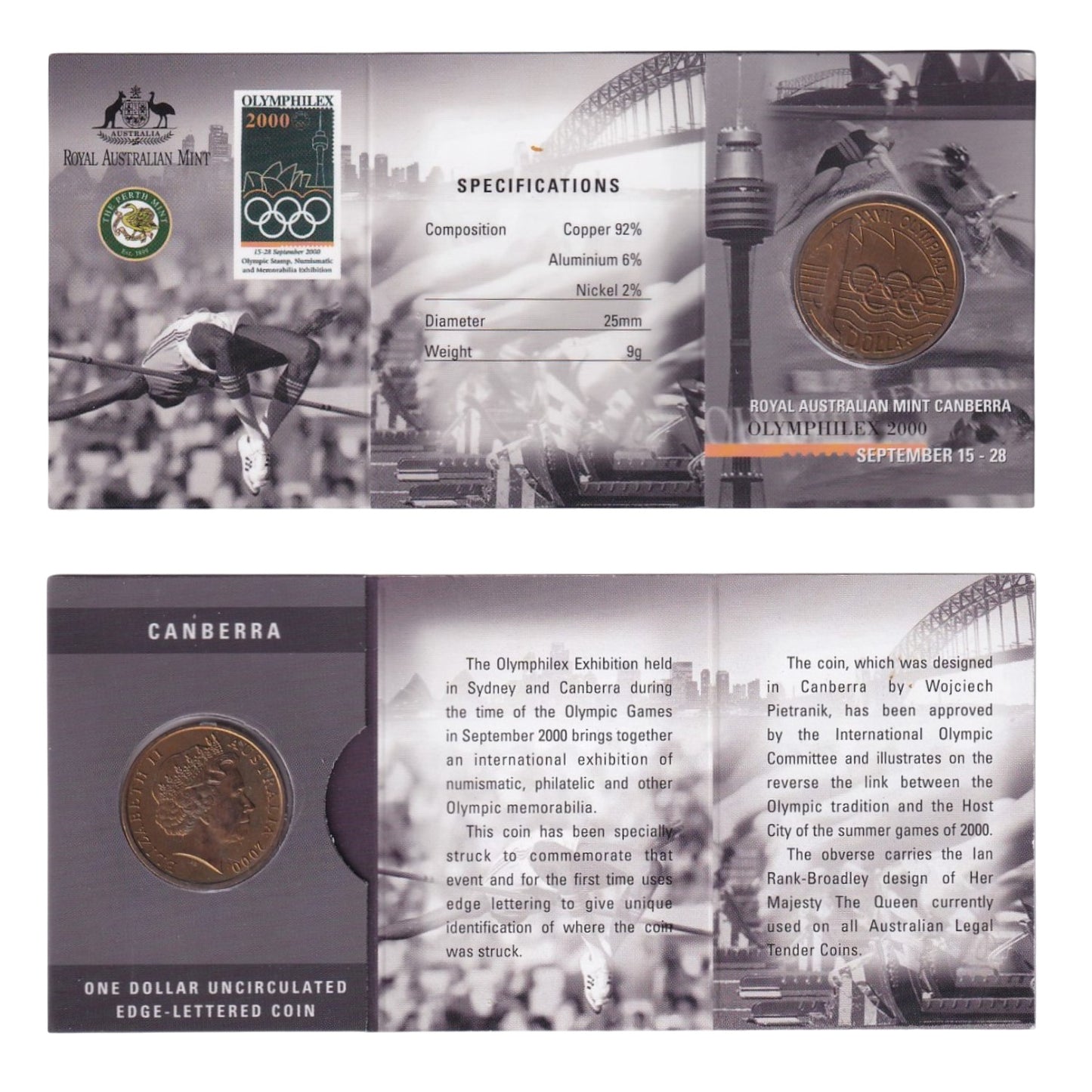 2000 $1 Coin - OLYMPHILEX Edge Lettered Coin - Sydney and Canberra Varieties Available