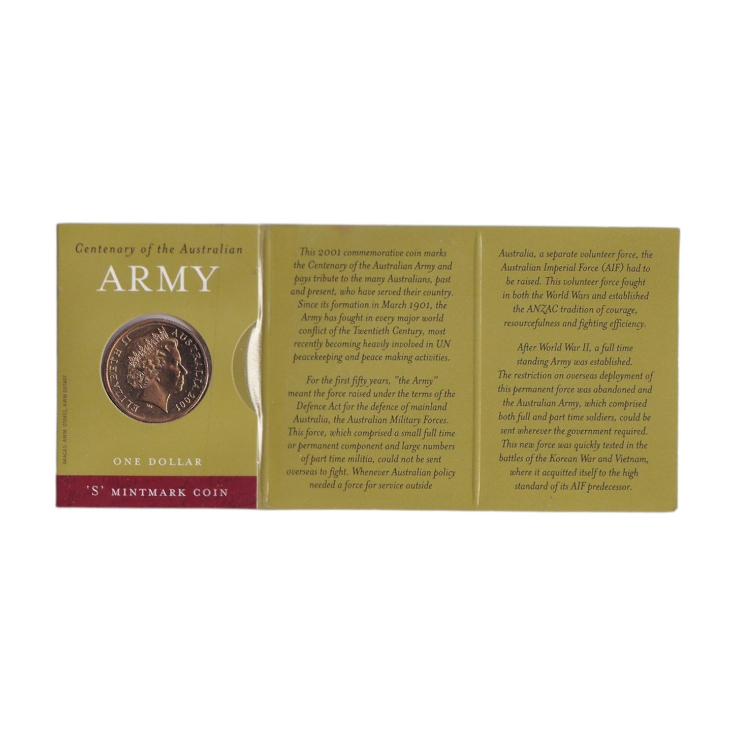 2001 $1 Coin - Centenary of Army 'S' Mintmark