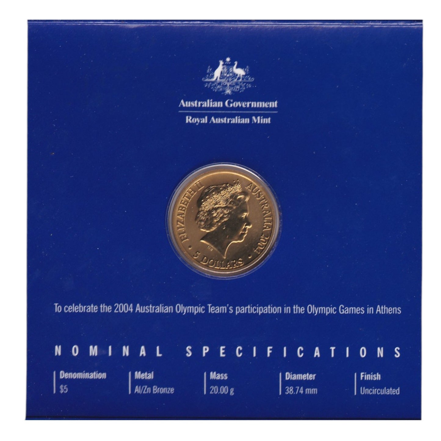 2004 $5 Coin - The Journey Continues - Sydney to Athens - Olympic Games