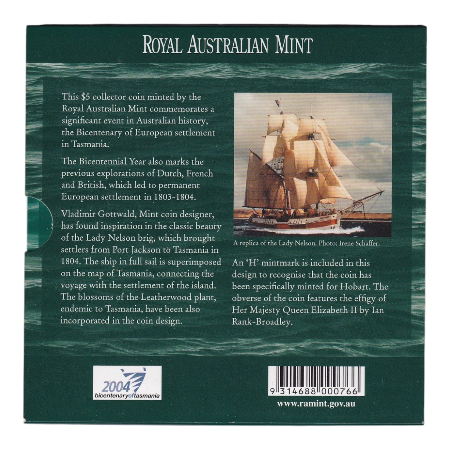 2004 $5 Coin - Bicentenary of Tasmania - 'H' Mintmark