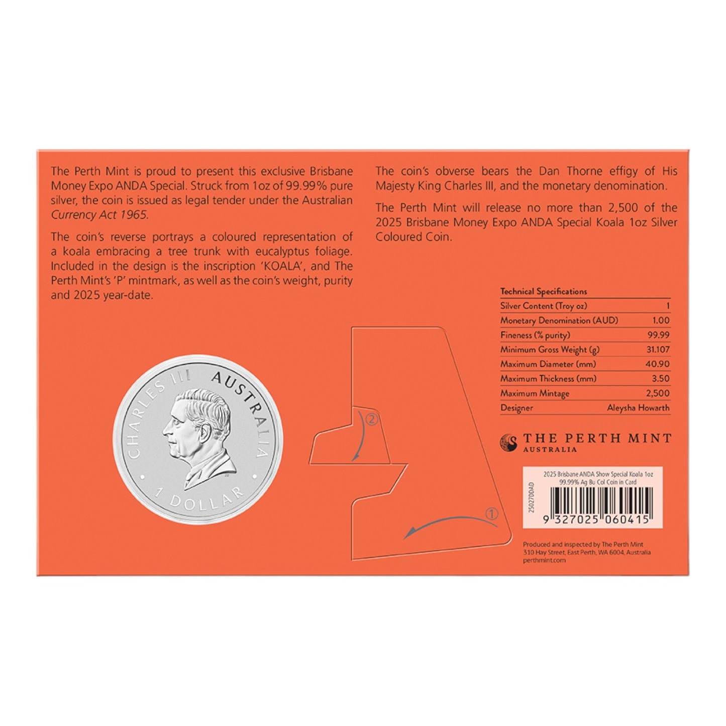 2025 ANDA Brisbane Money Expo - Perth Mint - Koala 1oz Silver Coloured Coin in Card