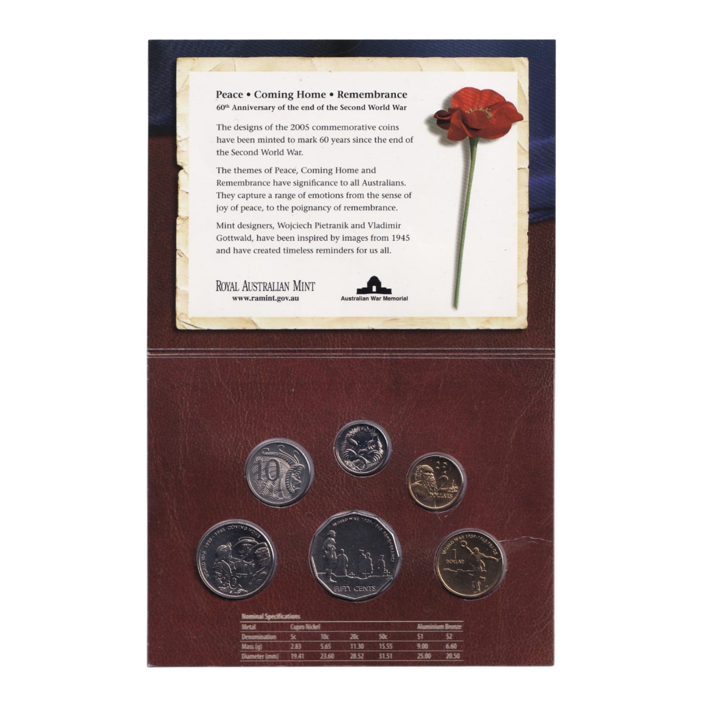 2005 Royal Australian Mint Uncirculated 6 Coin Set - 60th Anniversary of the end of World War 2