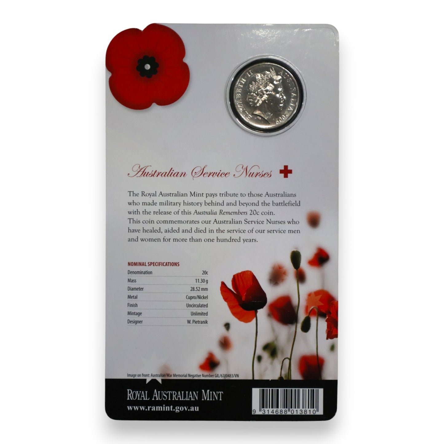 2009 20c Coin - Australia Remembers - Australian Service Nurses - Signed by RAM Coin Designer Wojciech Pietranik and former RAM CEO Janine Murphy