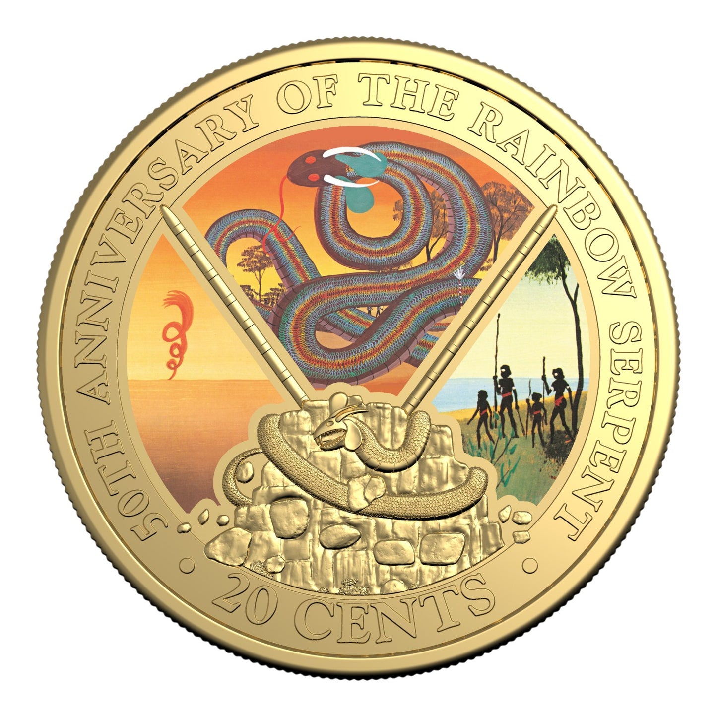 2025 20c Gold Plated Coloured Uncirculated Coin - 50th Anniversary of the Rainbow Serpent - Deluxe Special Edition Book