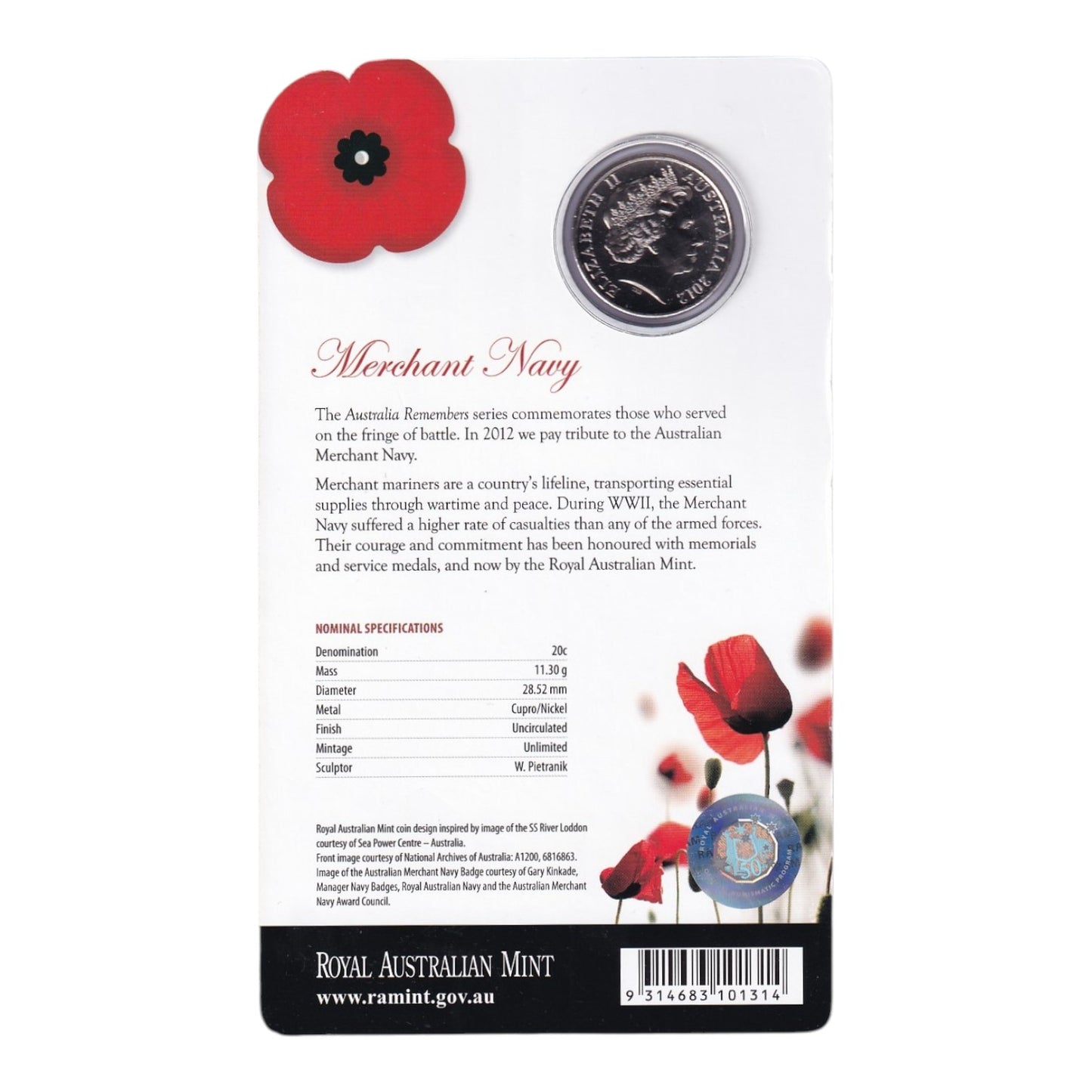 2012 20c Coin - Australia Remembers - Merchant Navy
