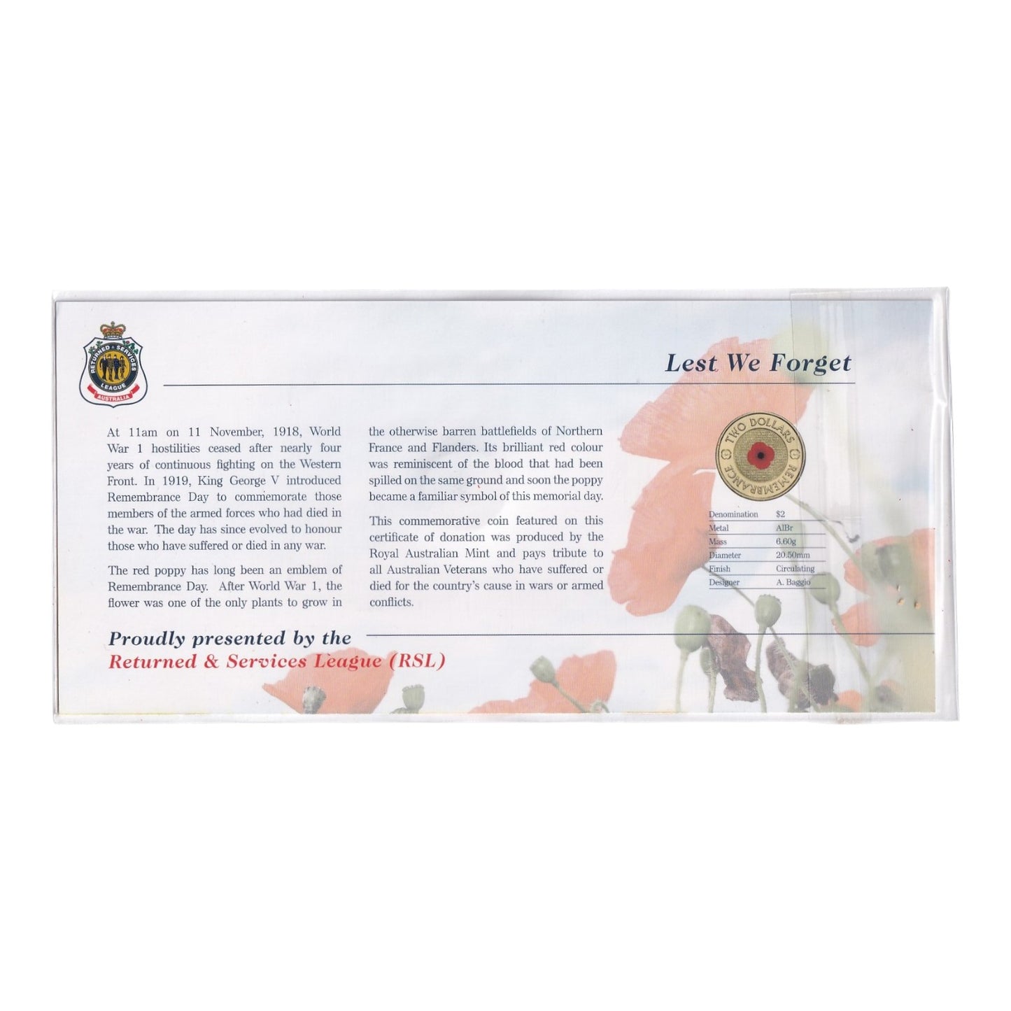 2012 $2 Coin - Remembrance Day - Red Poppy on RSL Card