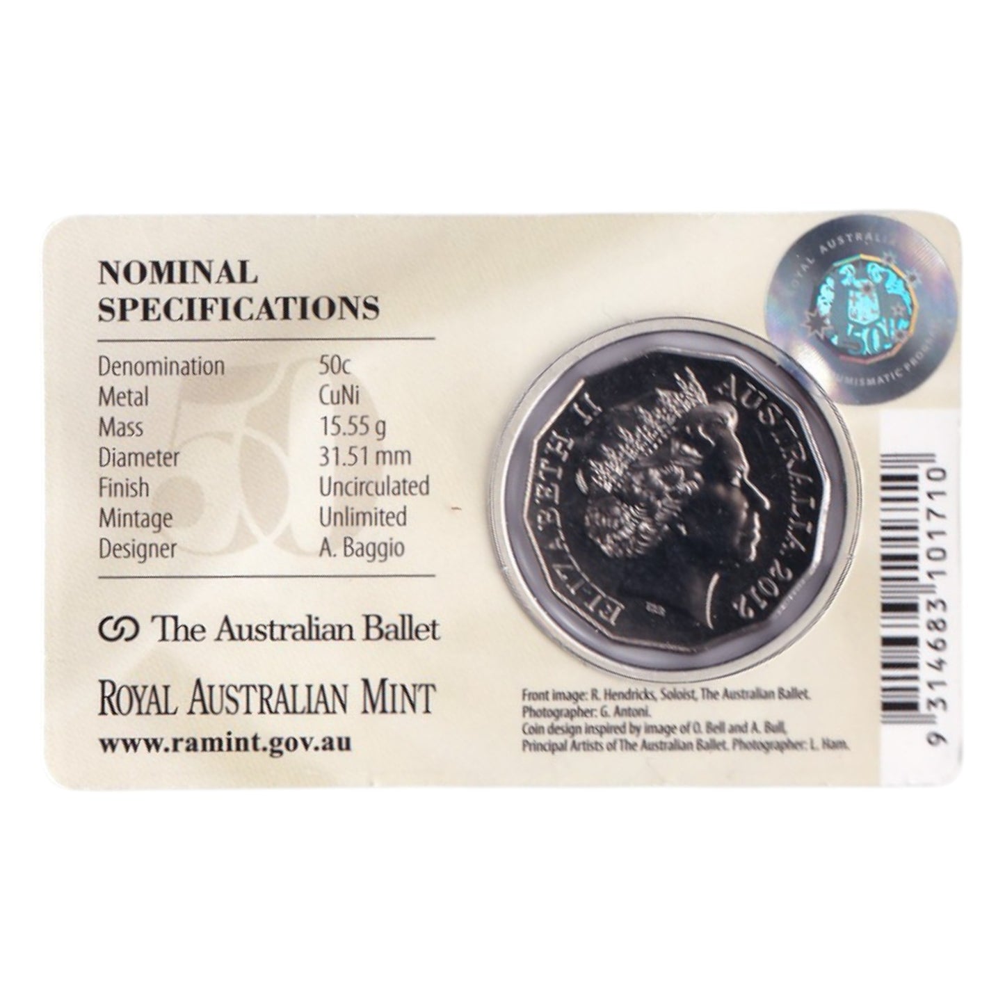 2012 50c Coin - 50th Anniversary of Australian Ballet