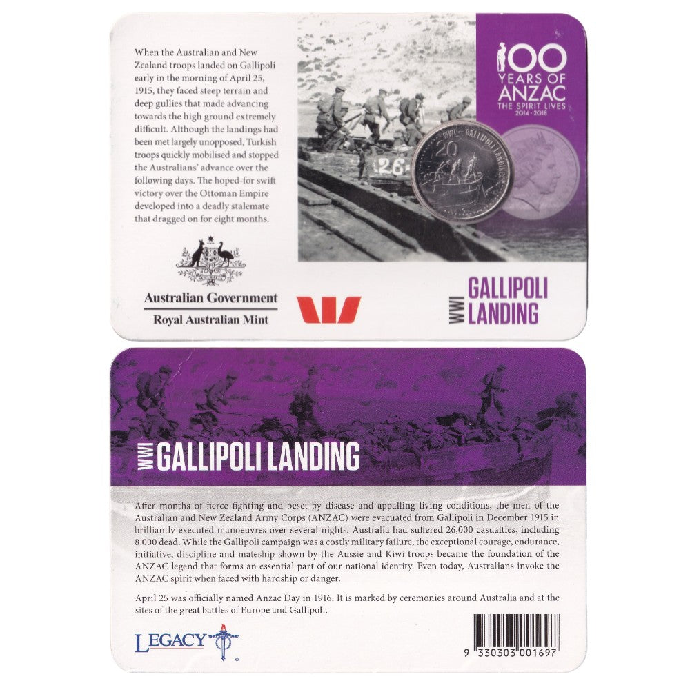 2015 20c Coin - ANZACS Remembered - Gallipoli Landing