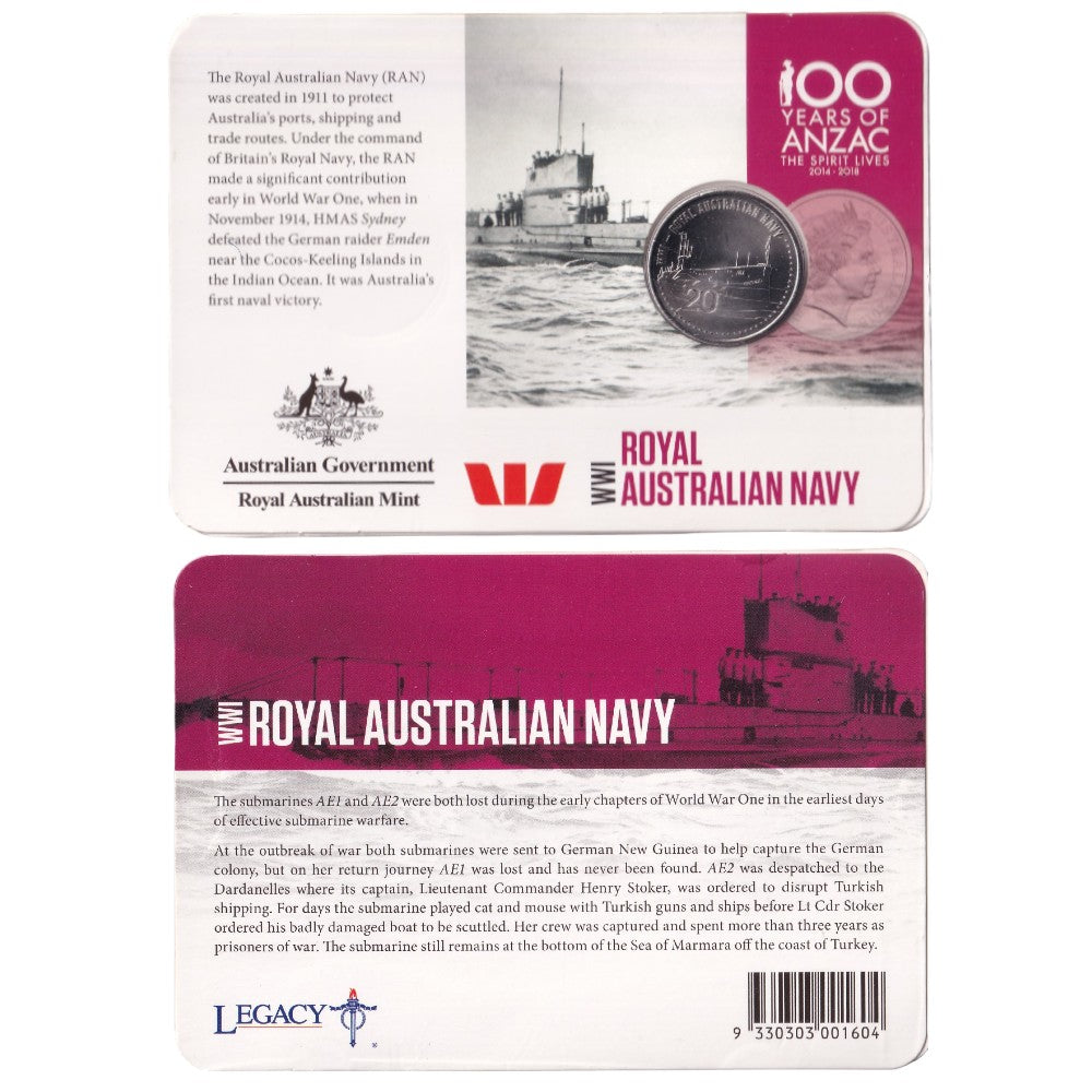 2015 20c Coin - ANZACS Remembered - The Royal Australian Navy