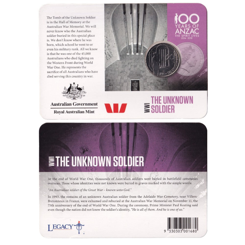 2015 20c Coin - ANZACS Remembered - The Unknown Soldier