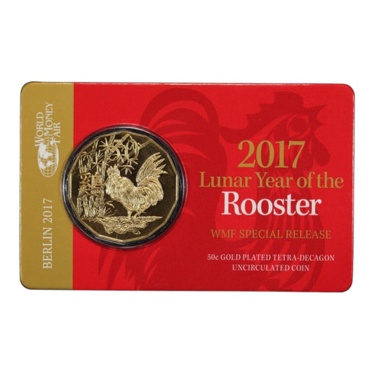 2017 50c Coin - Year of the Rooster Tetra-decagon Gold Plated Uncirculated Coin - World Money Fair Berlin Exclusive