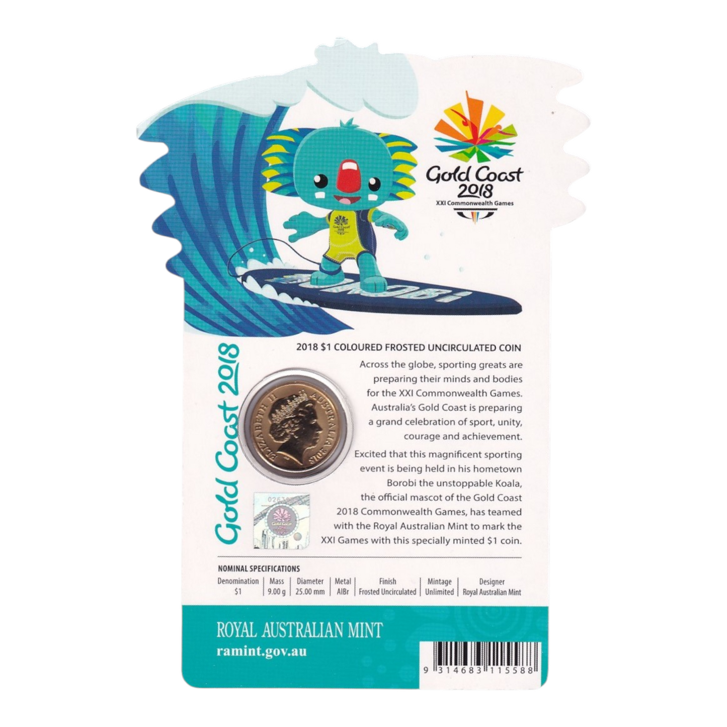 2018 $1 AlBr Colour Frosted Uncirculated Coin - Borobi 'One Year To Go'