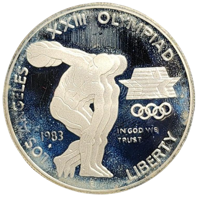 1983 U.S.A One Dollar Silver Proof Coin - 1984 Olympic Games in Los Angeles - Disc Thrower