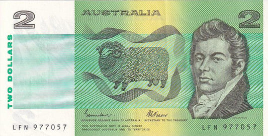 1985 Australian 2 Dollar Note - LFN 977057 - Johnston/Fraser - R89 General Prefix - Extremely Fine - Loose Change Coins