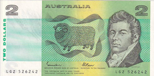 1985 Australian 2 Dollar Note - LGZ 526242 - Johnston/Fraser - R89 General Prefix - Extremely Fine - Loose Change Coins