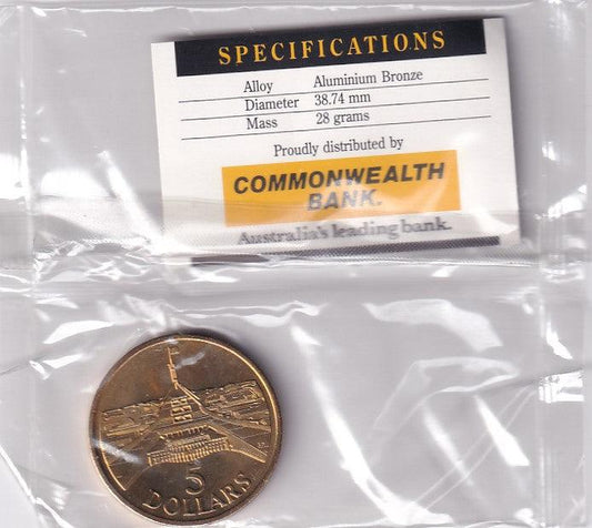 1988 $5 Coin - Opening of the Parliament House - Commonwealth Bank Sealed Coin Pack - Loose Change Coins