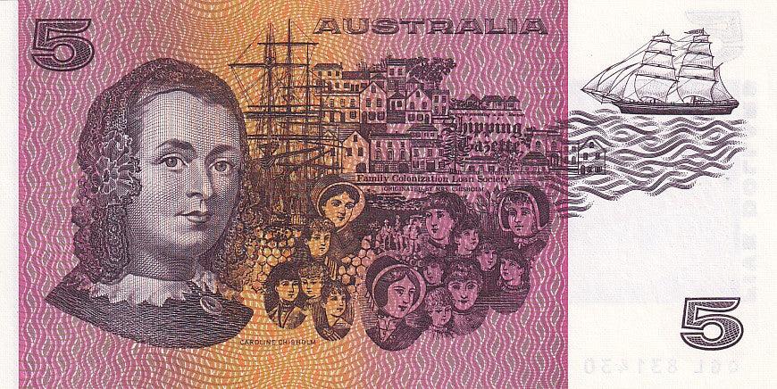1990 Australian 5 Dollar Note - QGL 831430 - Fraser/Higgins - R212 General Prefix - Uncirculated - Loose Change Coins