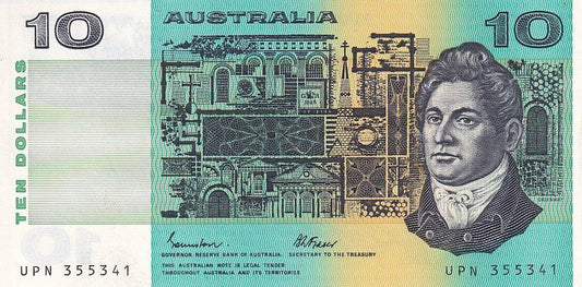 1991 Australian 10 Dollar Note - UPN 355341 - Fraser/Cole - R313b General Prefix - About Uncirculated - Loose Change Coins