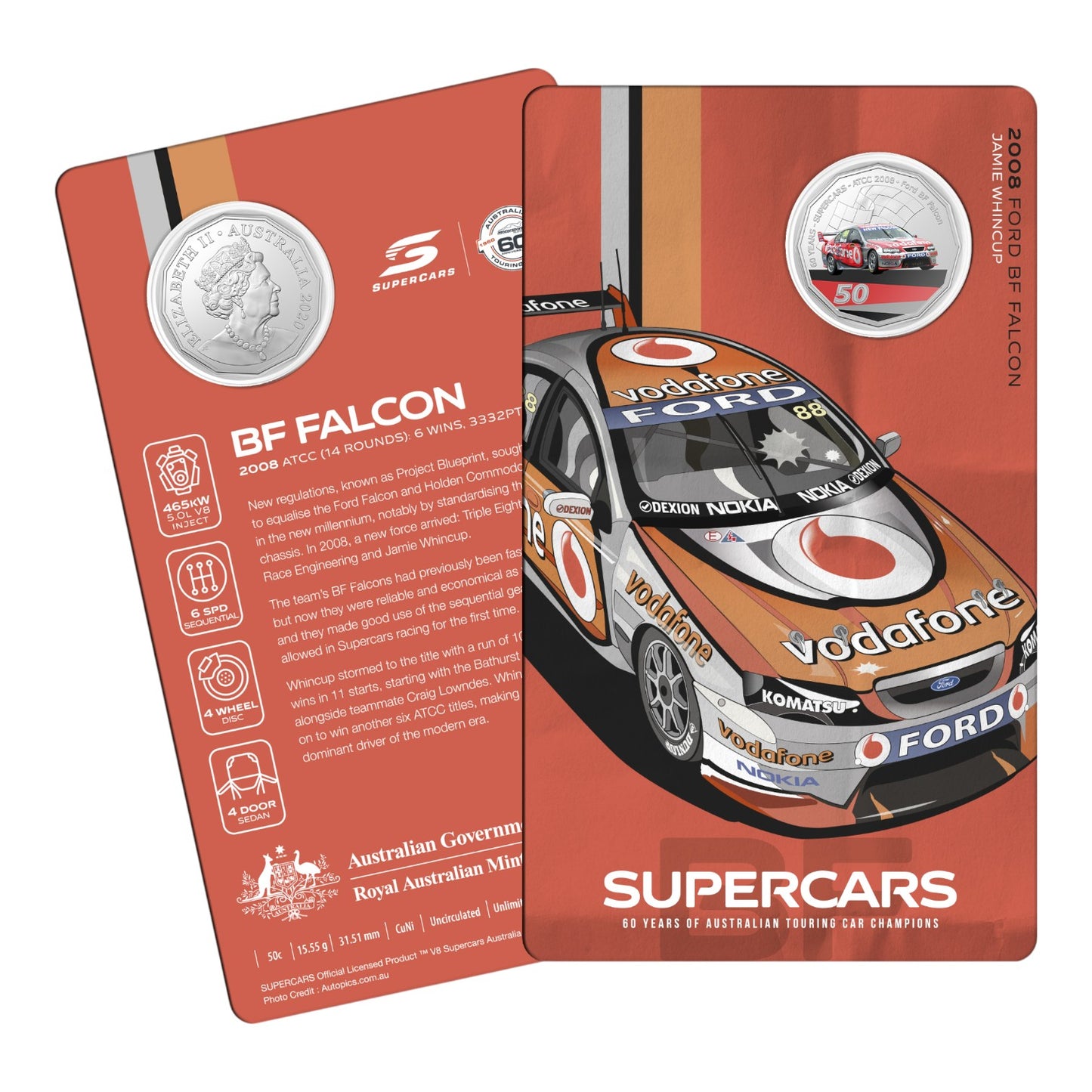 2020 50c Coin - 2008 Ford BF Falcon - 60 Years of Supercars