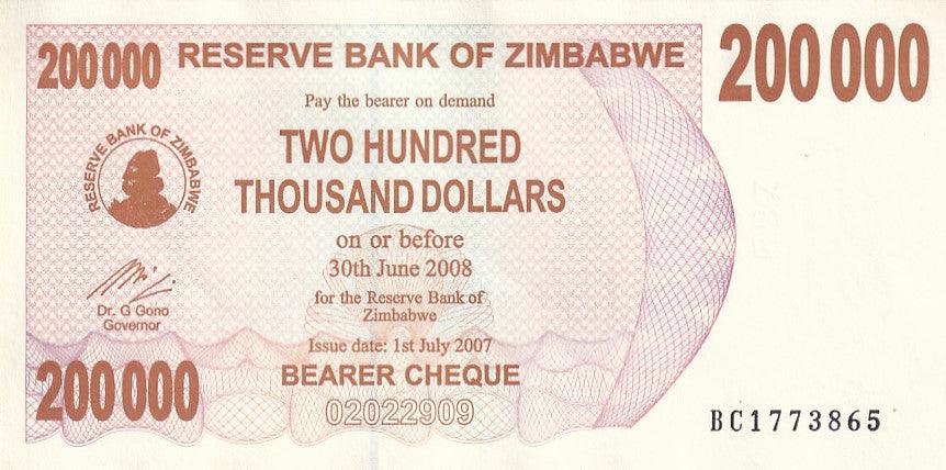 2007 Zimbabwe - 200,000 Dollars - p49 - Uncirculated - Loose Change Coins