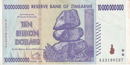 2008 Zimbabwe - 10,000,000,000 Dollar (10 Billion) Note - p85 - About Uncirculated - Loose Change Coins