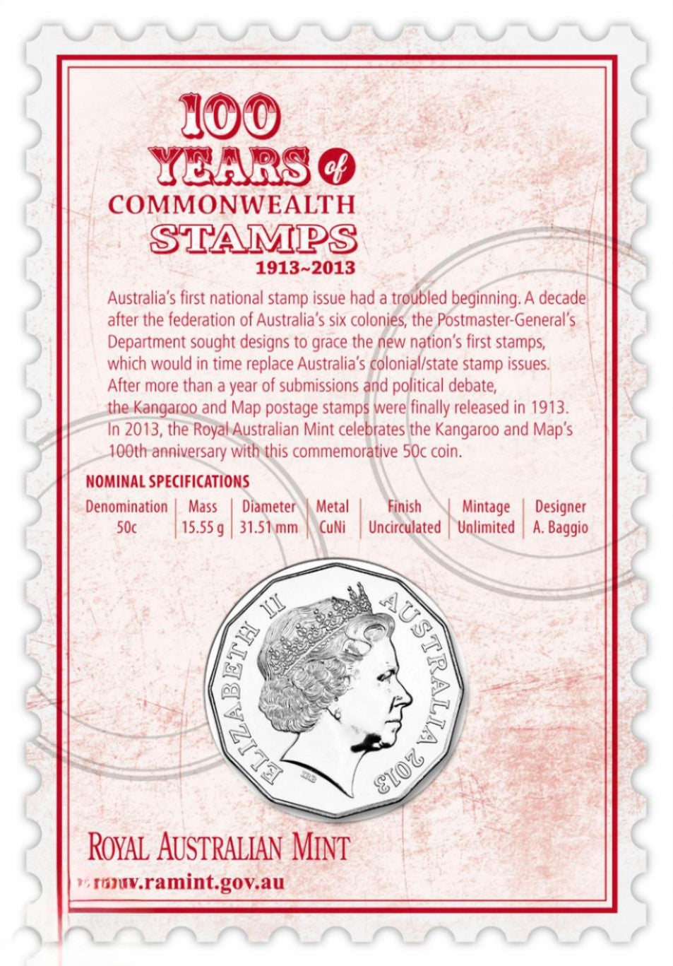 2013 50c Coin - 100 Years of Commonwealth Stamps