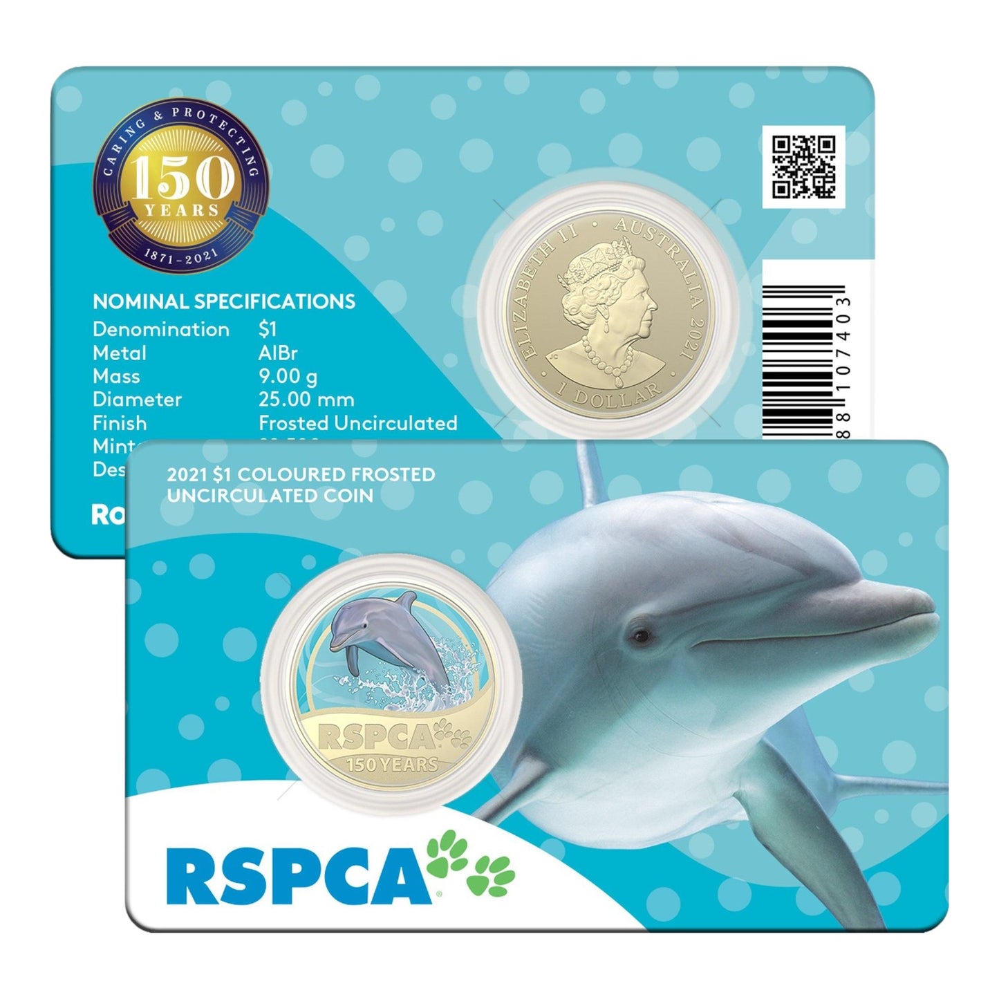 2021 $1 AlBr Coloured Uncirculated Coin - 150th Anniversary of the RSPCA - Dolphin