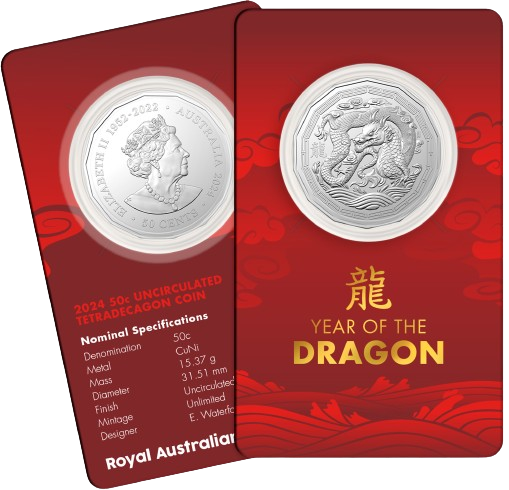 2024 50c CuNi Tetra Decagon Uncirculated Coin - Lunar Calendar - Year of the Dragon