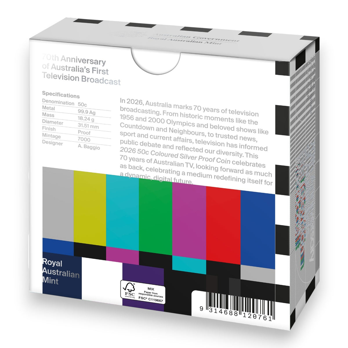 2026 50c Coloured Silver Proof Coin - 70th Anniversary of First Television Broadcast