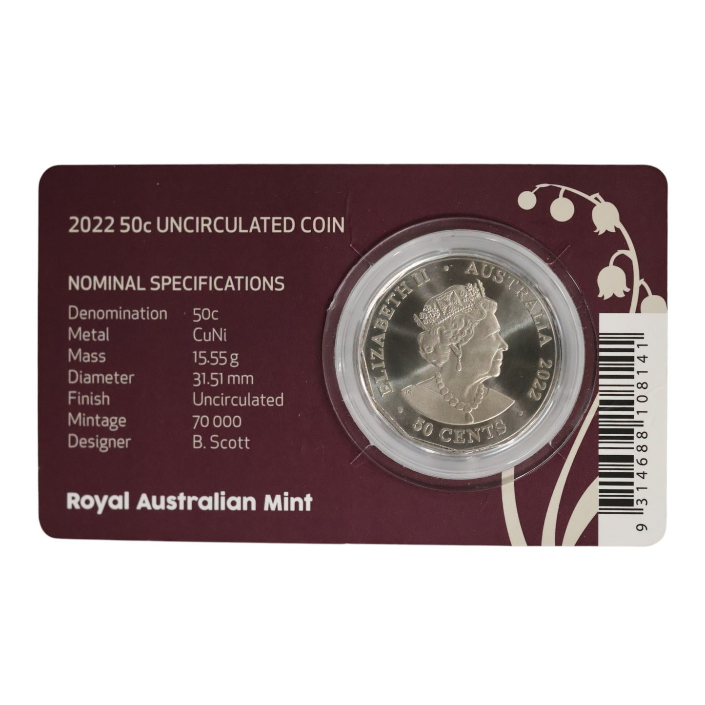 2022 50c CuNi Uncirculated Coin - Platinum Jubilee of HM Queen Elizabeth II (Card damage)