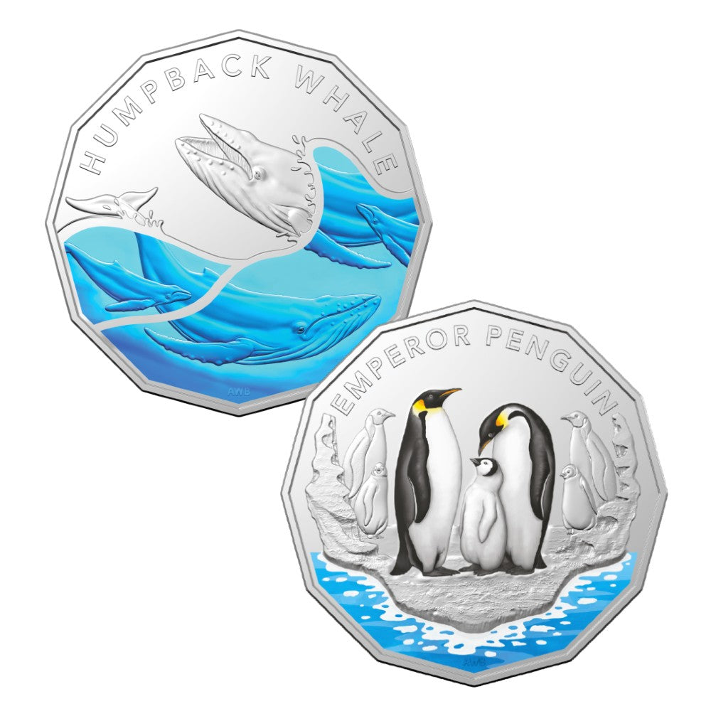 2023 50c Coloured Uncirculated Coin Set - Australian Antarctic Territory - Emperor Penguin and Humpback Whale
