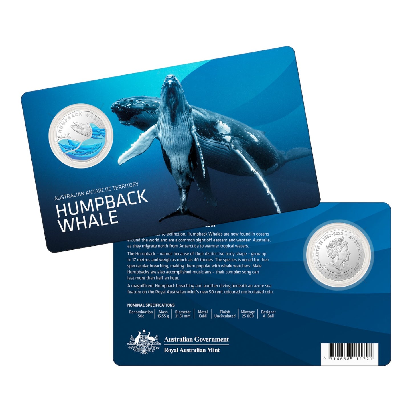 2023 50c Coloured Uncirculated Coin Set - Australian Antarctic Territory - Emperor Penguin and Humpback Whale
