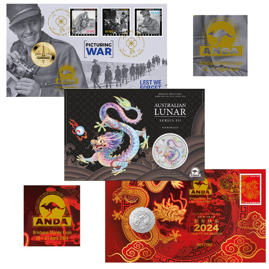 Brisbane ANDA Money Expo 2024 Exclusive Bundle: Lunar Dragon Silver Coin & Postal Numismatic Covers