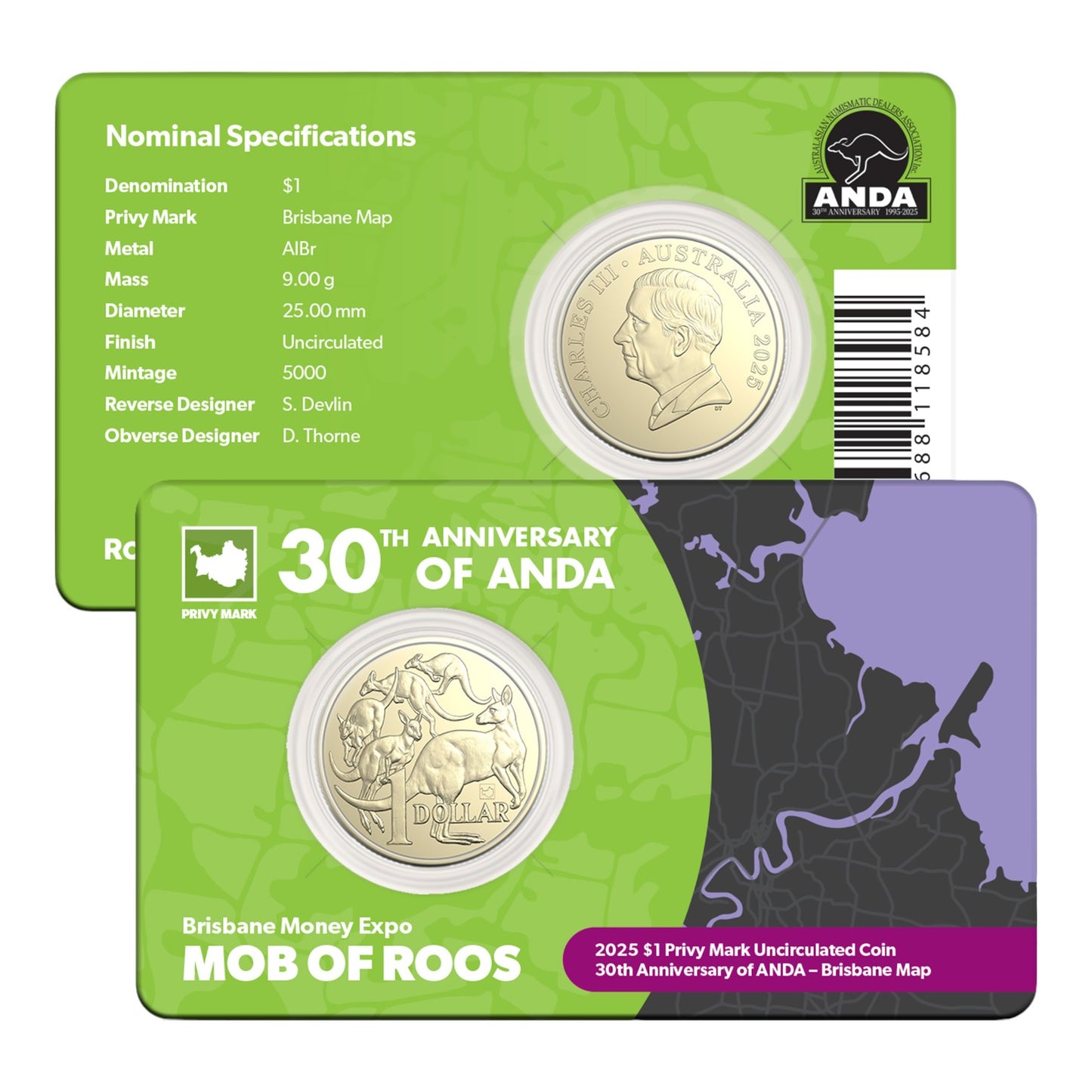 2025 $1 Coin - Brisbane Money Expo - Mob of Roos with Brisbane Map Privy Mark