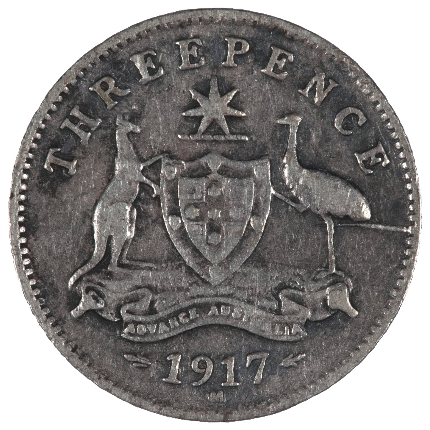 1917 Australian Threepence - "Three-Legged Emu" Die Crack Error
