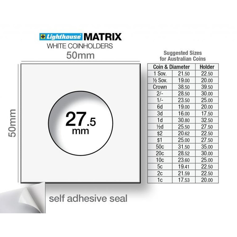 Lighthouse MATRIX WHITE Self-Adhesive Coin Holders - 1 Dollar Coin & Half-Penny: 27.5mm