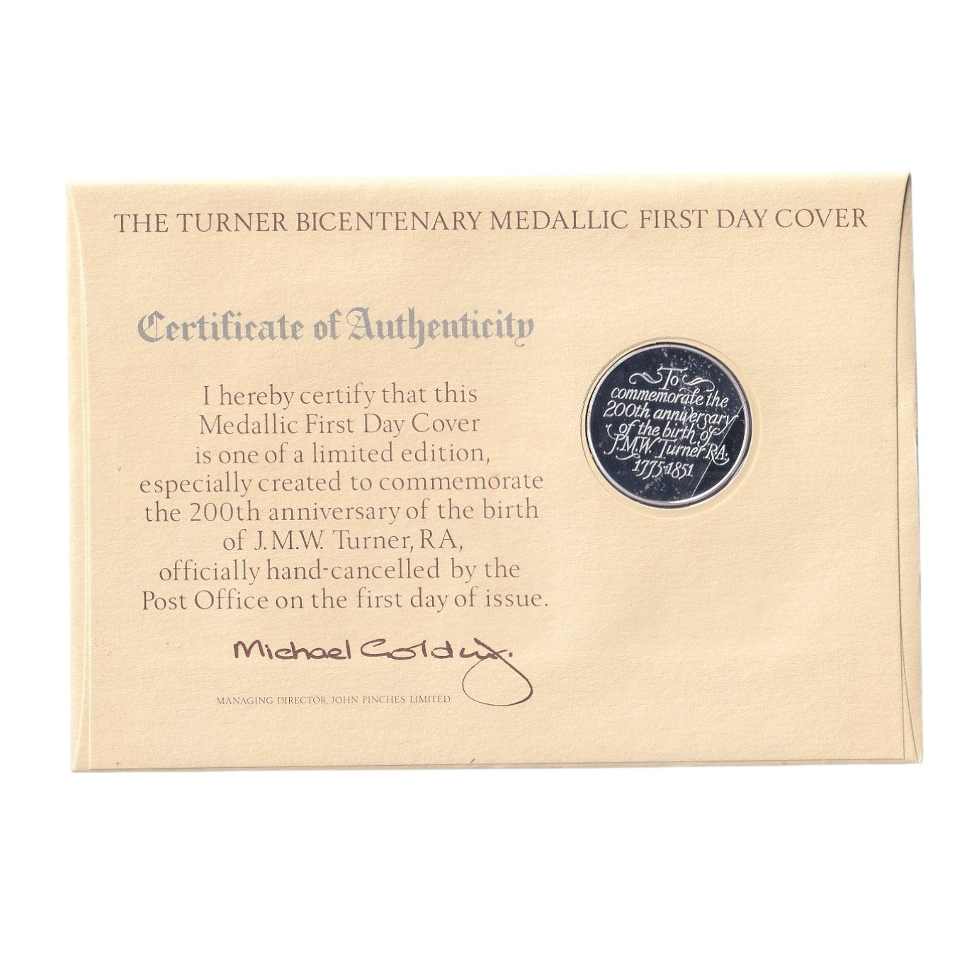 1975 Turner Bicentenary Medallic First Day Cover with Sterling Silver Medallion