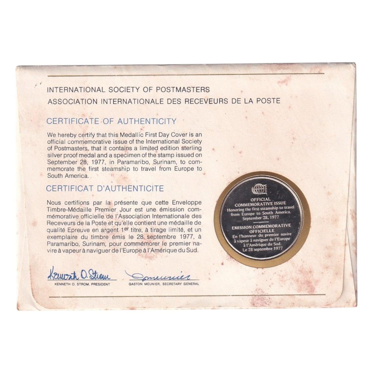 1977 International Society of Postmasters Silver Proof Medallic First Day Cover - Surinam