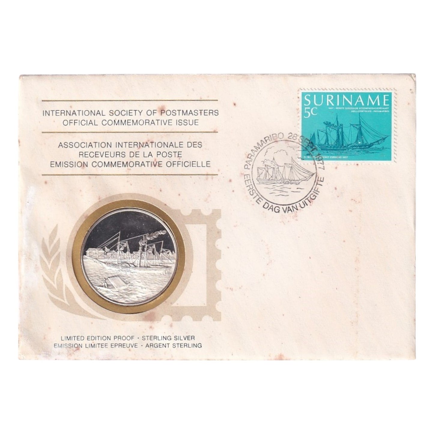 1977 International Society of Postmasters Silver Proof Medallic First Day Cover - Surinam