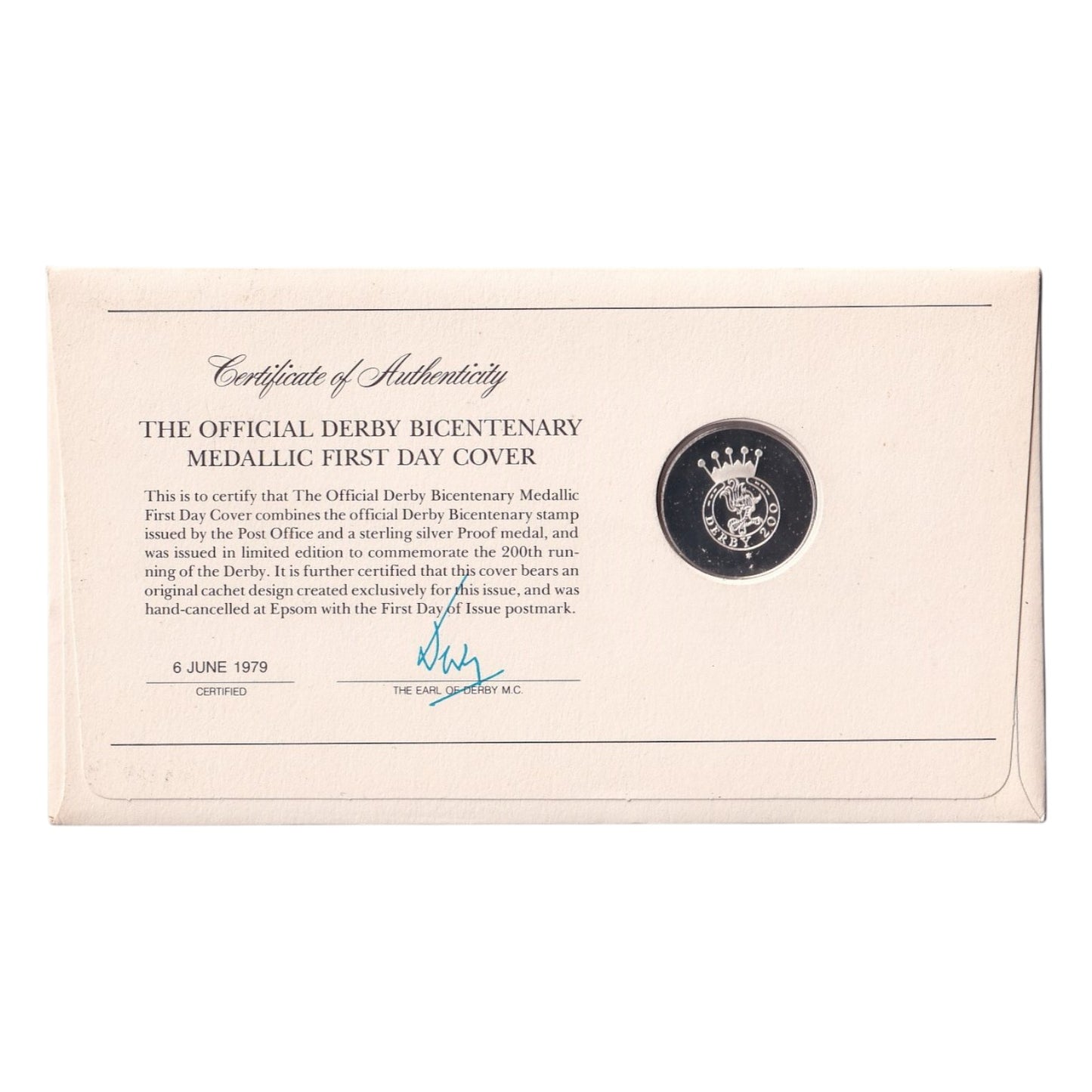 1979 The Official Derby Bicentenary Silver Proof Medallic First Day Cover