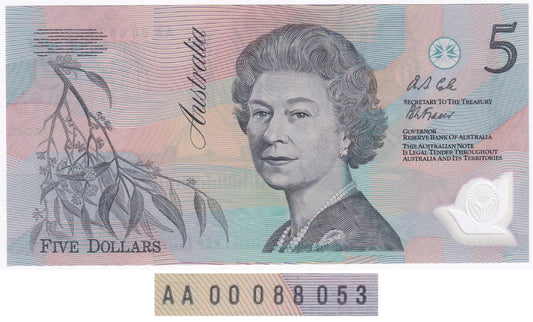 1992 Australian 5 Dollar Note - AA00088053 - Fraser/Cole - R214F - First Prefix - Uncirculated