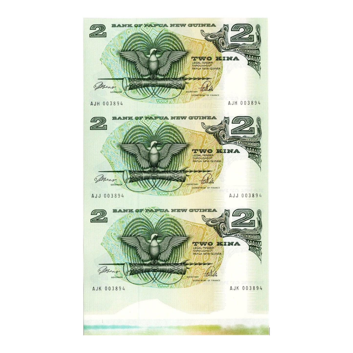 1975 Papua New Guinea - 2 Kina - Strip of 3 Uncut Paper Banknotes in Folder
