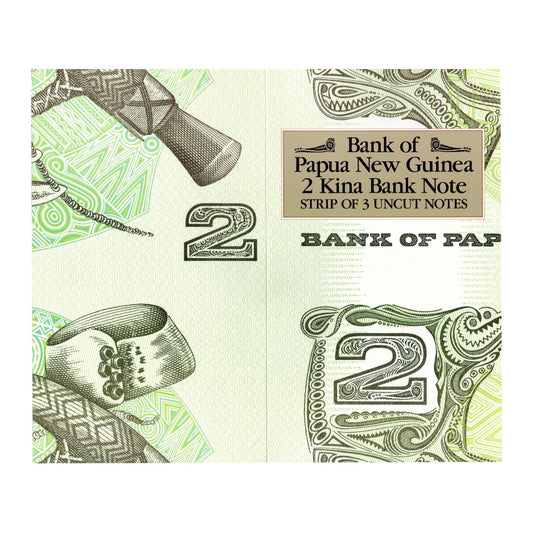 1975 Papua New Guinea - 2 Kina - Strip of 3 Uncut Paper Banknotes in Folder