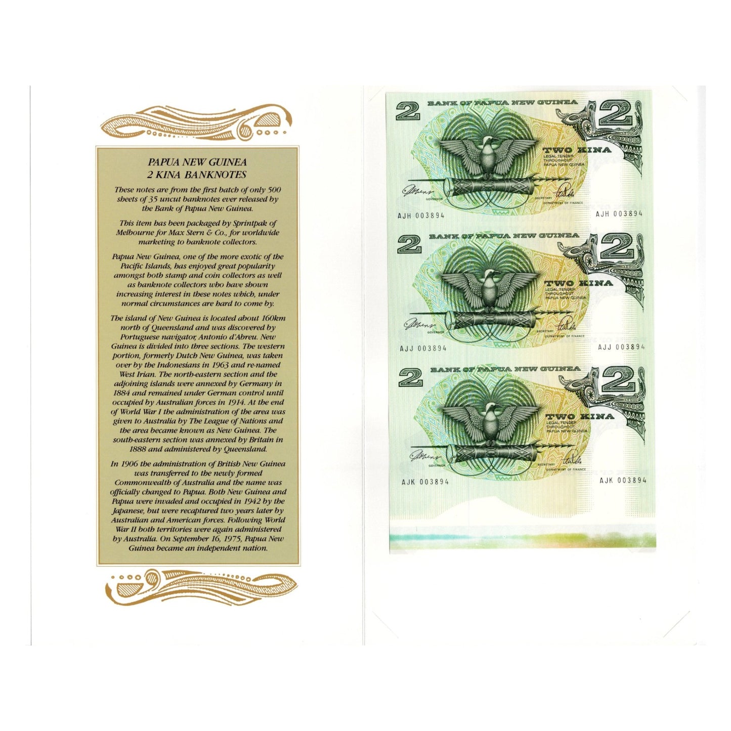 1975 Papua New Guinea - 2 Kina - Strip of 3 Uncut Paper Banknotes in Folder