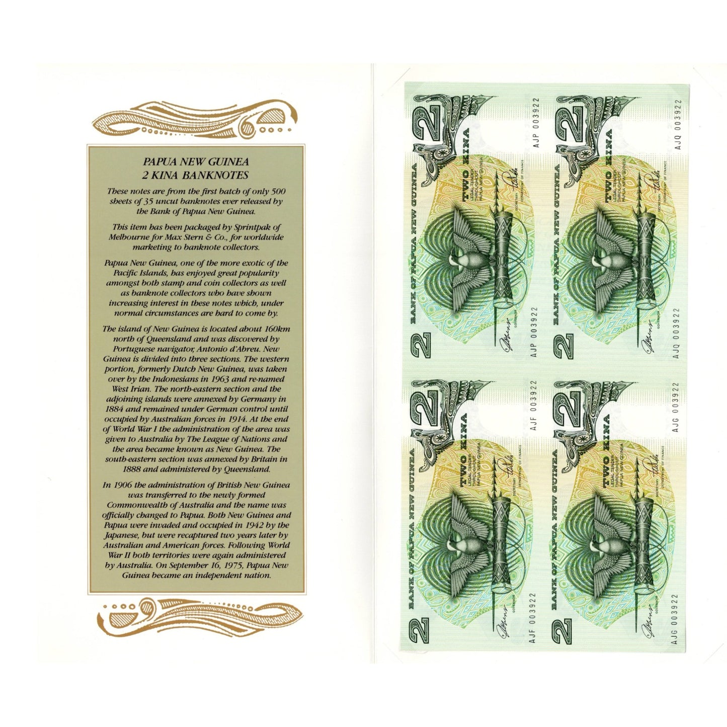 1975 Papua New Guinea - 2 Kina - Block of 4 Uncut Banknotes in Folder