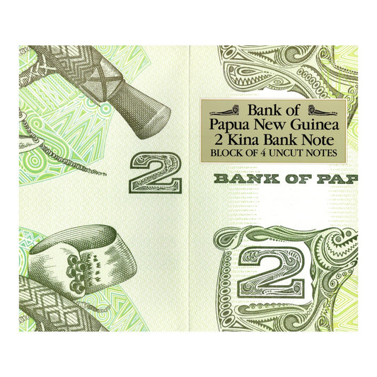 1975 Papua New Guinea - 2 Kina - Block of 4 Uncut Banknotes in Folder