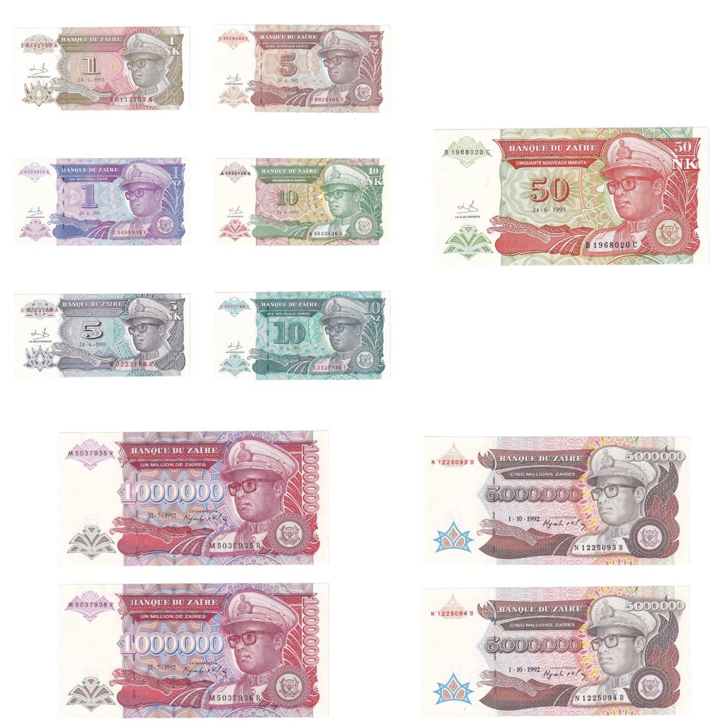 1992-1993 Zaire Banknote Collection - Uncirculated 1992-1993 Issues (11-Note Lot)