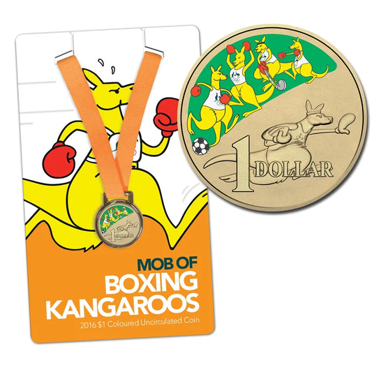 2016 $1 Coin - Mob of Boxing Kangaroos - Coloured Uncirculated Coin - Athletics