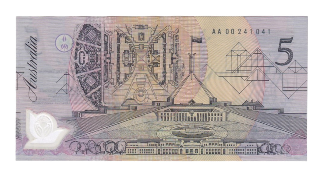 1992 Australian $5 Note - AA 00241041 - Fraser/Cole - R214F - First Polymer Prefix - Extremely Fine