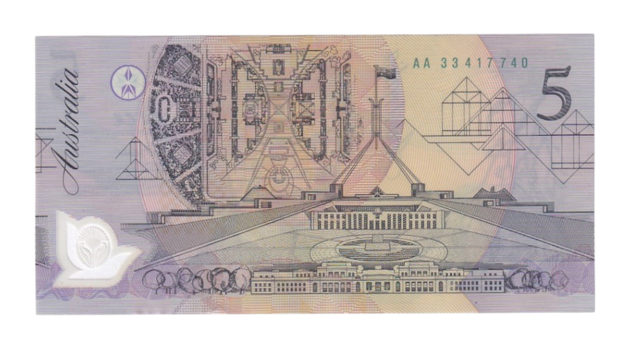 1992 Australian $5 Note - AA 33417740 - Fraser/Cole - R214i - Pale Green serial - About Uncirculated